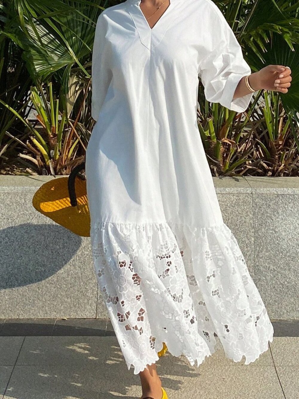 Beige Elegant Casual Women's Lace Patchwork Stand Collar Long Shirt Dress - Picture 6 of 9